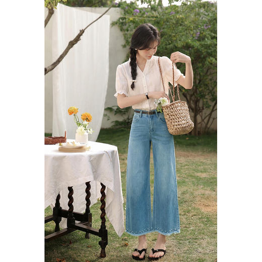 鹿向南「蓝调时分」蓝色宽松阔腿牛仔裤女夏高腰显瘦小个子九分裤 商品图3