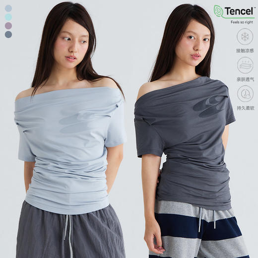 CryingCenter兰精莫代尔凉感斜肩一字肩领短袖露肩褶皱凉感上衣 商品图1
