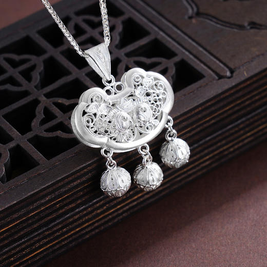 子佩集S990银【年年有余】套链【QFDZ029】儿童花丝长命锁项链2509 商品图1