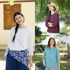 特绽放092朵/春日小T*纯棉基础圆领小贴袋撞色套结九分袖T恤女夏