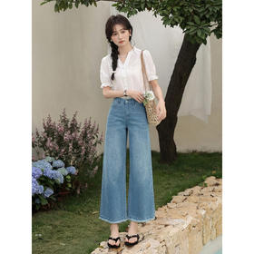 鹿向南「蓝调时分」蓝色宽松阔腿牛仔裤女夏高腰显瘦小个子九分裤