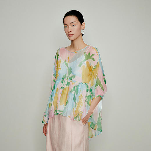 【林栖设计小店】手工系带|温柔印花宽松显瘦2026夏新款密褶衬衣两件套1962186 商品图0