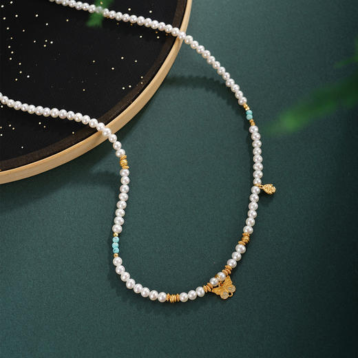 子佩集【蝴蝶之舞】银S925珍珠AOYA奥雅项链【QNX0007】3mm珠绿松石镀金蝴蝶2512 商品图2