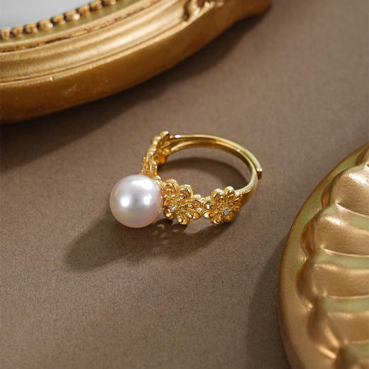 子佩集【花开馨随】银S925珍珠AOYA奥雅戒指【HJYJZ007】8mm珠镀金花朵2512 商品图2