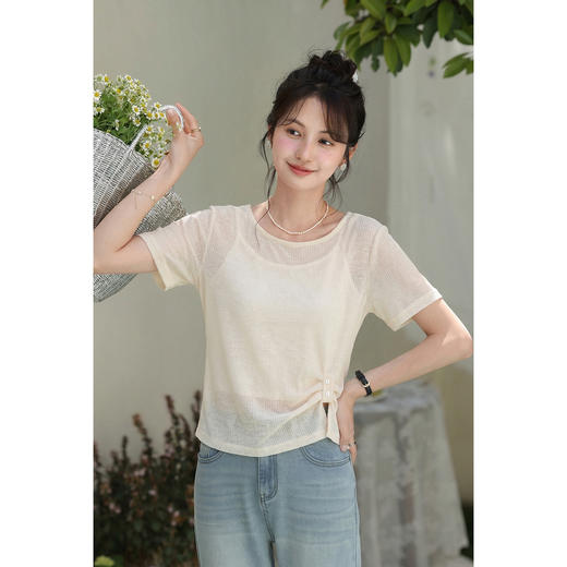 鹿向南「慵懒日常」杏色轻薄T恤罩衫女夏季新款法式气质镂空上衣 商品图2