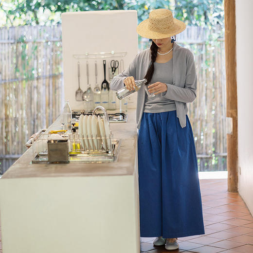 绽放113朵/蓝-艺术家*纯棉色织蓝宽松帅气阔腿裤全腰松紧百搭长裤 商品图1