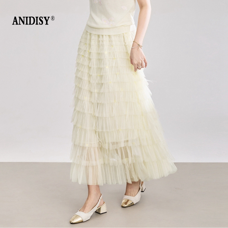 时尚重工网纱羽毛高腰松紧腰半身裙