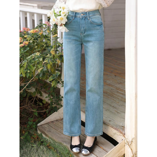 鹿向南「海盐苏打」复古高腰蓝色直筒牛仔裤女春季小个子显瘦长裤 商品图3