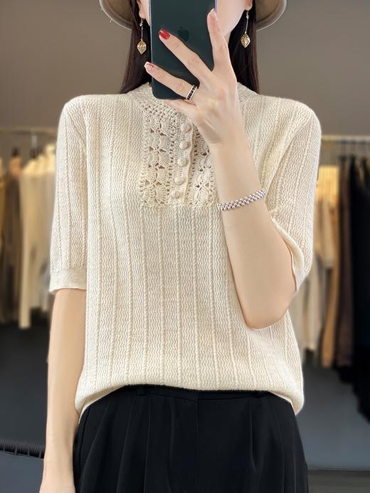 老板娘推荐！扬子纱100羊毛复古镂空刺绣五分袖针织套头显瘦打底衫 商品图1