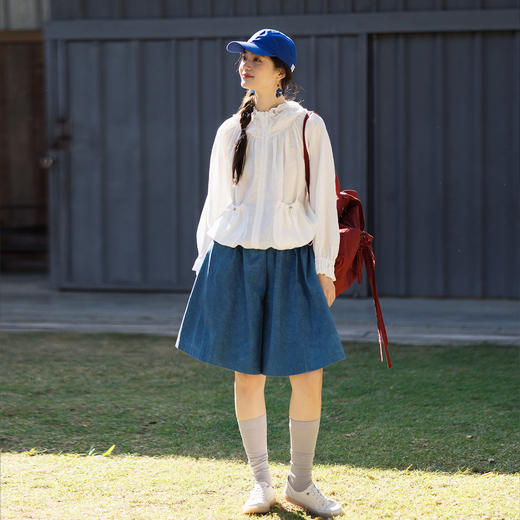 特绽放100朵/随意走走* 斜纹纯棉肌理感宽松帅气松紧腰系带短裤女 商品图1