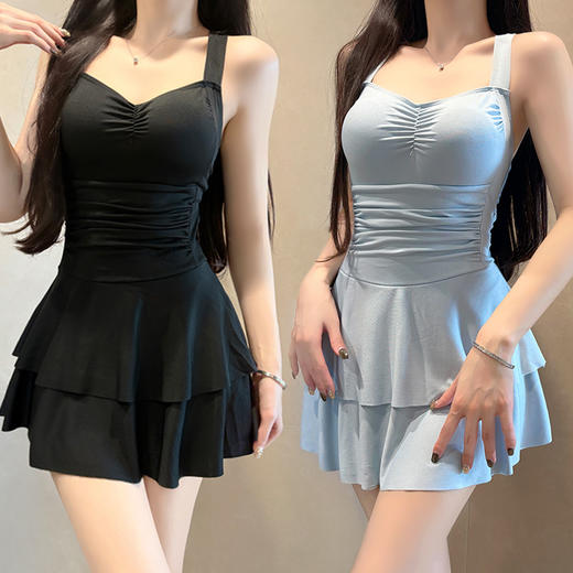 【仙气氛围感❗️裙式连体泳衣套装】吊带+网纱罩衫两件套，遮副乳藏赘肉，海边玩水超好看，自带胸垫承托力强，纯色保守显瘦少女甜美遮肉遮肚温泉泳衣L 商品图1