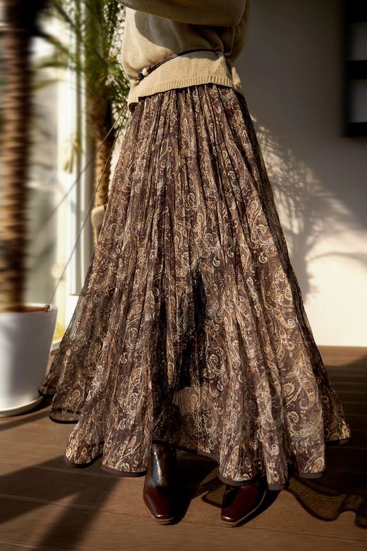 巴塞光影"流浪"伞裙度假风复古印花压褶大摆半身裙 商品图6