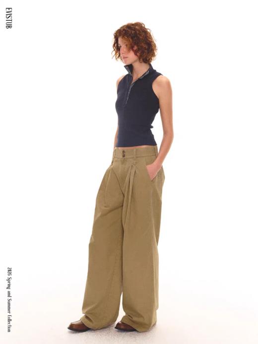 Evistub girls/E-6CCK1904/ 复古休闲长裤  100%棉石磨酵洗阔腿低腰休闲裤 商品图4