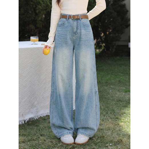 鹿向南「夏风罗曼」蓝色阔腿牛仔裤女春夏拼接高腰显瘦宽松长裤子 商品图3