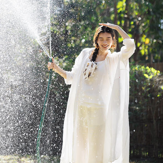 绽放088朵/仙女长衬衣*苎麻衬衫女设计感拼接碎褶开襟长袖连衣裙 商品图3