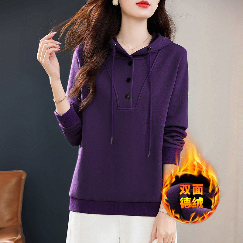 紫色德绒连帽卫衣女秋冬季新款大码显瘦长袖休闲内搭加绒加厚上衣
