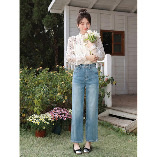 鹿向南「海盐苏打」复古高腰蓝色直筒牛仔裤女春季小个子显瘦长裤 商品图1