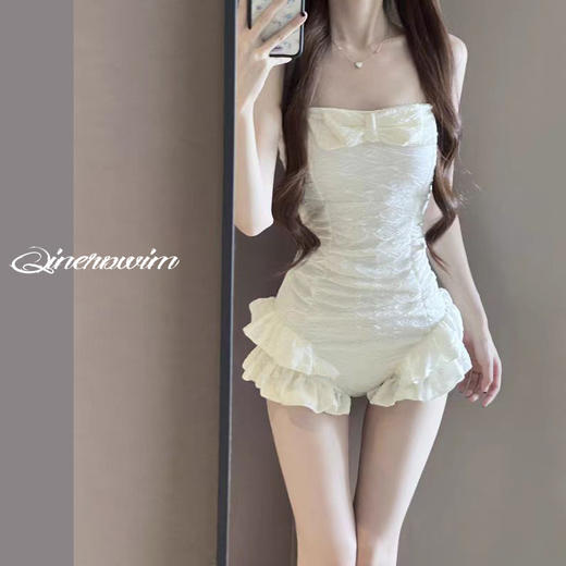 【抹胸蝴蝶结❗️褶皱荷叶边泳衣】纯欲氛围感拉满，显瘦遮肉又显身材，连体泳衣显身材，辣妹木耳边韩版ins风海边度假温泉L 商品图0