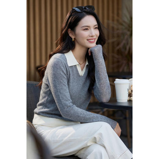 莱赛尔绵羊毛撞色假两件针织衫米思阳2026春季新款半开襟V领上衣女1152/1111 商品图2