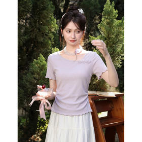 鹿向南「芋泥甜心」紫色木耳花边短袖T恤女士夏季高级感显瘦上衣