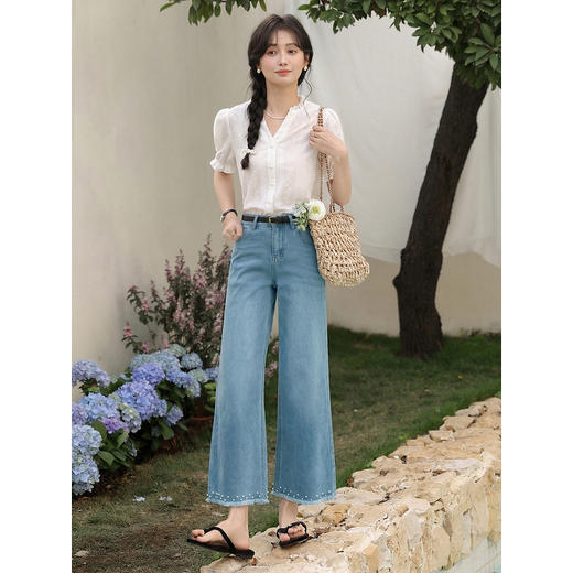 鹿向南「蓝调时分」蓝色宽松阔腿牛仔裤女夏高腰显瘦小个子九分裤 商品图1