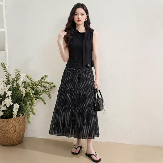 西遇黑色网纱波点女2026春夏新款高腰显瘦a字大摆长半身裙子H0060216 商品图1