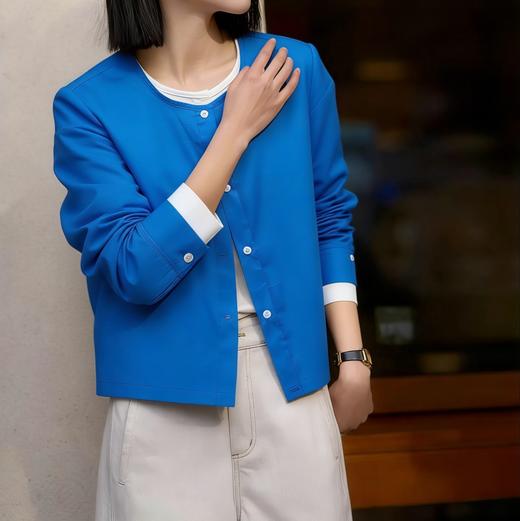 LONGNVFAIR克莱因蓝纯棉假两件拼接衬衫 通勤懒人福音 省去叠穿烦恼 商品图3