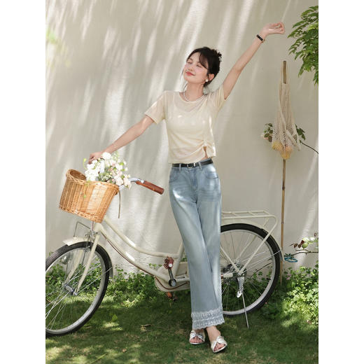 鹿向南「慵懒日常」杏色轻薄T恤罩衫女夏季新款法式气质镂空上衣 商品图1