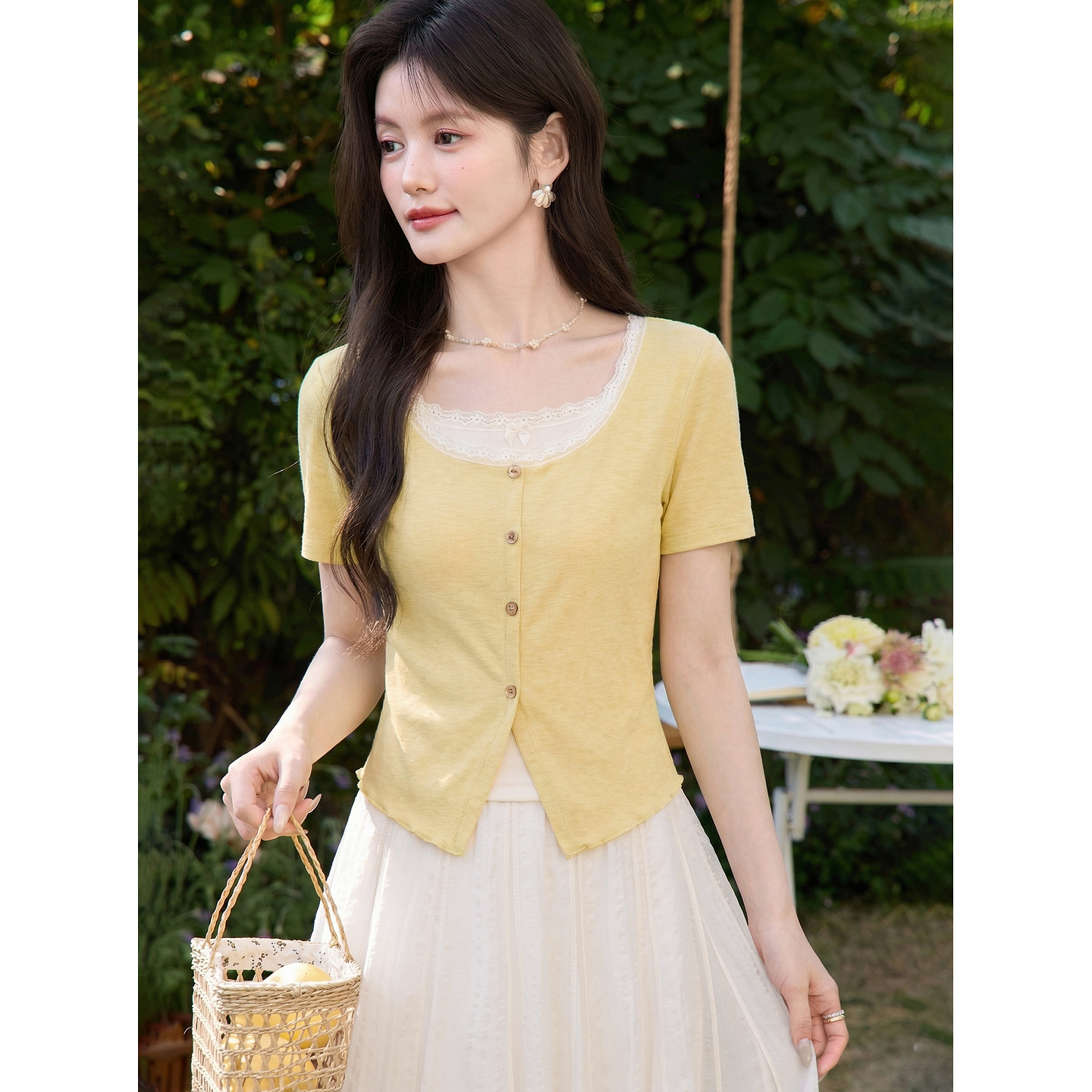 鹿向南「浅夏拾光」法式黄色短袖T恤女夏独特漂亮巨好看收腰上衣