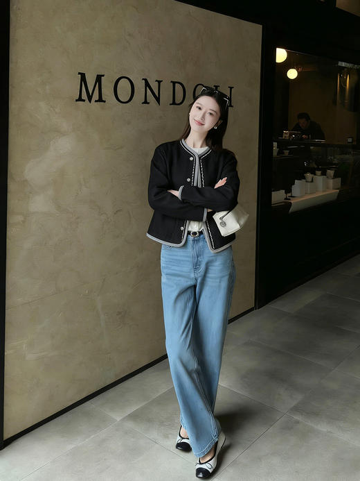 天猫同步【100棉！千金感小香风】拉夏贝尔/La Chapelle挺括有型~复古圆领撞色边饰气质短款上衣外套女春季 商品图5