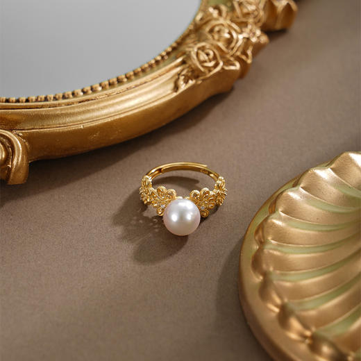 子佩集【花开馨随】银S925珍珠AOYA奥雅戒指【HJYJZ007】8mm珠镀金花朵2512 商品图3