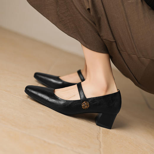 阿么手工女鞋复古优雅法式单鞋女2026新款真皮小方头玛丽珍鞋4CM 商品图2