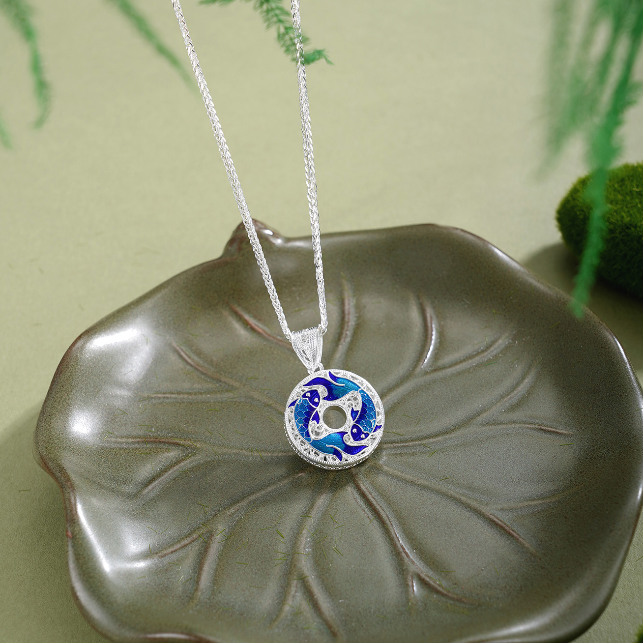 子佩集【好运连鲤】S990银套链【YXYLDZ056】花丝珐琅彩双鱼平安扣福字项链2510