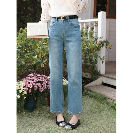 鹿向南「海盐苏打」复古高腰蓝色直筒牛仔裤女春季小个子显瘦长裤 商品图0