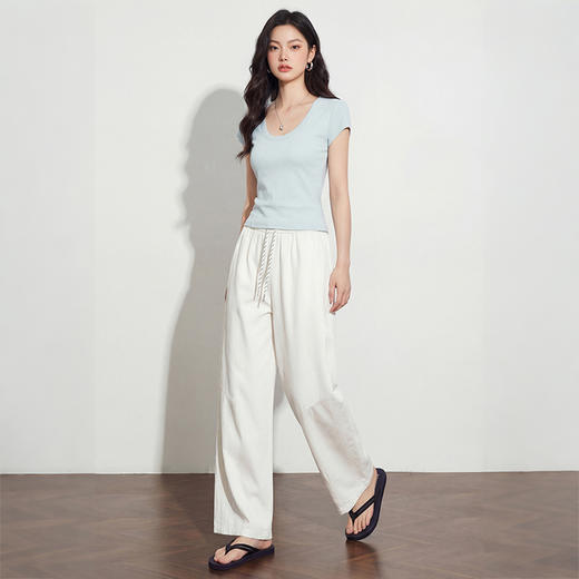 西遇慵懒百搭纯色2026春季新款潮街头风松紧腰抽绳显瘦阔腿长裤女H0060214 商品图4