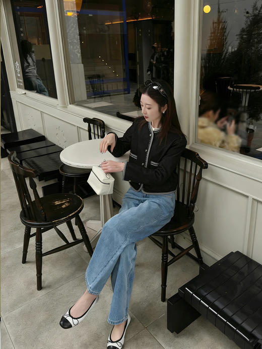 天猫同步【100棉！千金感小香风】拉夏贝尔/La Chapelle挺括有型~复古圆领撞色边饰气质短款上衣外套女春季 商品图7