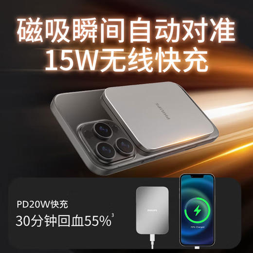 飞利浦（PHILIPS）磁吸充电宝可携带上飞机 3C认证 充电宝超薄5000毫安超轻薄充电宝超级快充无线快充迷你小巧便携 DLP9505 【0.75cm超薄磁吸】 商品图5