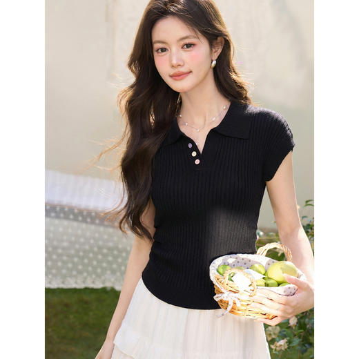 鹿向南「夜雾星斑」法式气质显瘦黑色T恤女夏季修身短袖针织上衣 商品图4