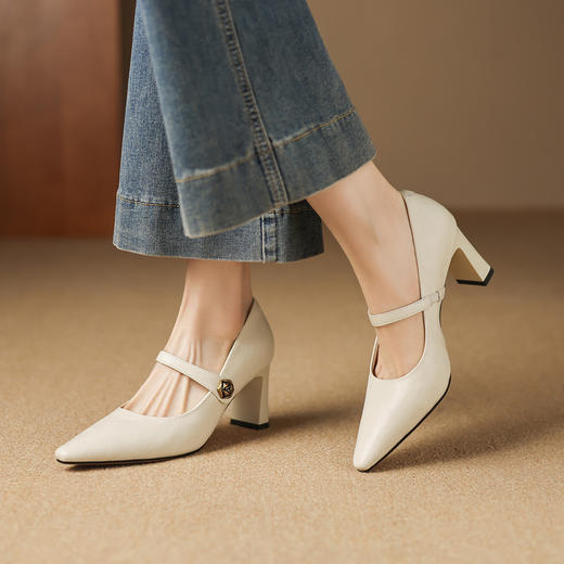 阿么手工女鞋极简风一字带高跟鞋气质高级感百搭女款真皮单鞋7CM 商品图1