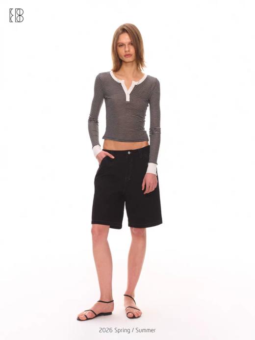 Evistub girls/E-6XCX1933/ 亨利领条纹长袖 天丝羊毛混纺修身正肩打底衫 商品图3