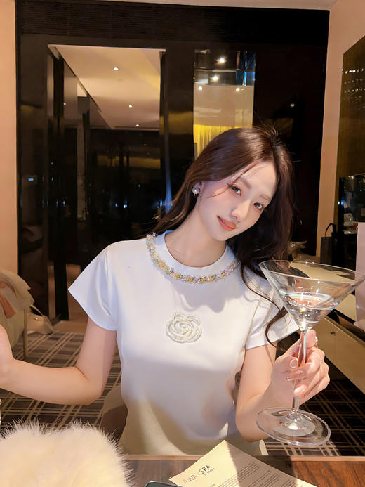 张心子【山茶栀意】圆领气质小香山茶花编织织带T恤上衣 U2603050 商品图5