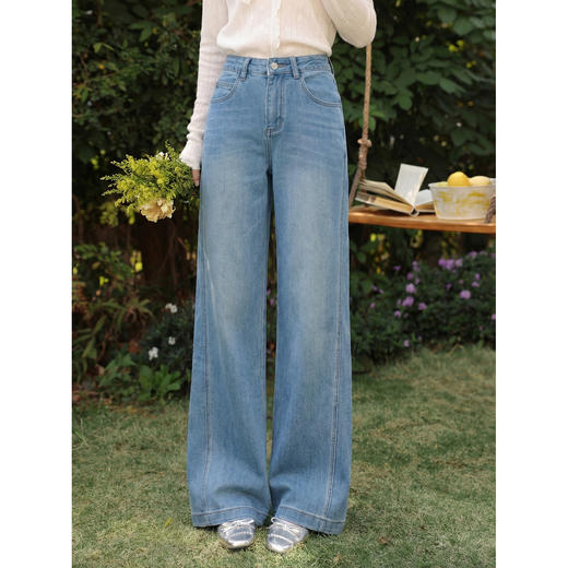 鹿向南「阔步藏海」蓝色直筒牛仔裤女夏新款修身百搭微喇高腰长裤 商品图3