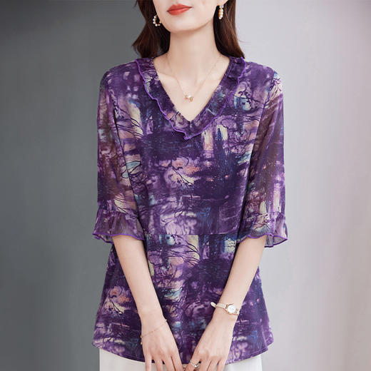 短袖雪纺衫女七分袖2026年夏季新款中袖女士上衣洋气宽松大码女装 商品图1