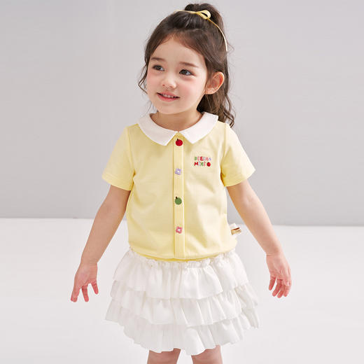 笛莎/Deesha 松饼熊2026年夏季新款童装女童甜美可爱趣味绣花翻领短袖T恤 商品图0