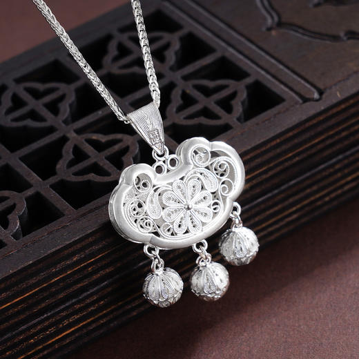 子佩集S990银【年年有余】套链【QFDZ029】儿童花丝长命锁项链2509 商品图0