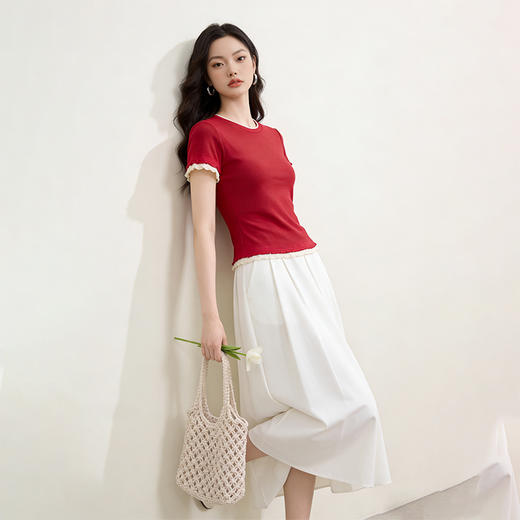 西遇轻奢小众2026春夏新款木耳边拼接修身显瘦女气质上衣短袖T恤H0060196 商品图3