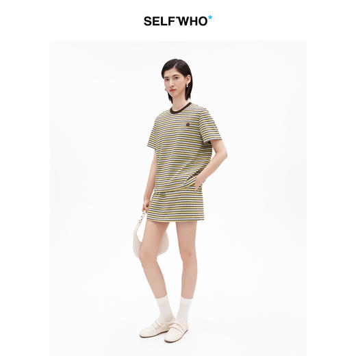 SELFWHO棉混纺经典撞色条纹A字短裙女2026夏新款休闲松紧腰半身裙 商品图2