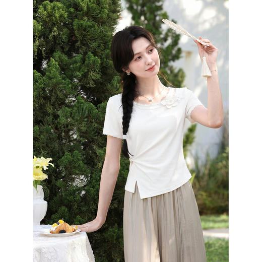 鹿向南「月露织纹」杏色短袖T恤女夏新款时尚百搭设计感显瘦上衣 商品图2