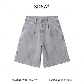 SDSA男装2026新款高贵轻奢简约复古设计感褶皱阔腿牛仔短裤百搭