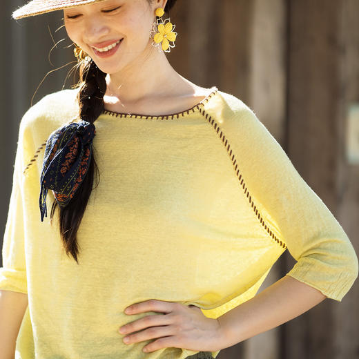 特绽133朵/描边T*夏新款亚麻宽松撞色设计插肩中袖针织短袖T恤女 商品图2
